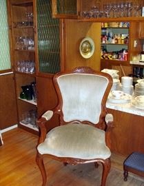 Antique Velvet side chair with carved wood frame, vintage Footstool, Haviland China, Crystal Stemware, Wine Glasses, Sherbet glasses, Vases