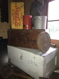 Misc vintage items including a Coca-Cola bottle crate