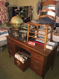 Desk, chair, globe, small steamer trunk and more!