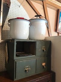 Enamel ware and vintage filing cabinet