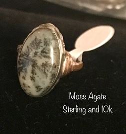 Moss Agate Sterling and 10k ring