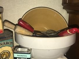 Vintage kitchen utensils, crock mixing bowl 