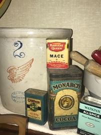 Red Wing Two gallon crock and vintage spice tins 