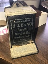 antique match holder advertising piece; H.J. Bang General Merchandise. Belvidere Mills, Minn