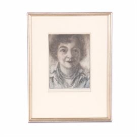 Emily B. Waite Etching on Paper Portrait of A Woman: An etching on paper portrait of a woman by well-listed artist Emily B. Waite (1887 – 1980). Depicted is a middle-aged woman wearing lipstick, blouse, and beaded necklace. This piece is signed in graphite to the lower right corner. Presented under glass in cream tone mat and silver tone composite frame.
