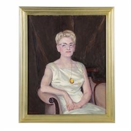 Emily B. Waite Oil on Canvas "Portrait of Mrs. H. Ladd Plumley": An oil portrait of an older woman titled Portrait of Mrs. H. Ladd Plumley by well-listed American artist Emily Burling Waite (Massachusetts/Rhode Island; 1887 – 1980). This half-body portrait features an older woman dressed in a fancy white sheen dress and seated in a purple upholstered arm chair. Portrayed with thick painterly brushstrokes and vibrant colors, the sitter wears a long necklace with a large yellow pendant, and she looks off to the left. The painting is signed in red to the lower left. A descriptive label with the title and artist’s name is affixed to the verso. Presented in a gold-tone wood frame.