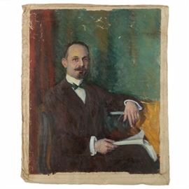 Emily B. Waite Oil on Canvas Portrait of Man: An oil portrait of a man on an unstretched canvas by well-listed American artist Emily Burling Waite (Massachusetts/Rhode Island; 1887 – 1980). This nearly full-body portrait features a three-quarter view of a seated gentleman wearing a brown suite with a brown vest and green bowtie. He sits in an armchair with a booklet in his lap, and stares out to the viewer with a serious expression. No signature is visible on the canvas. This work is presented unframed and unstretched.