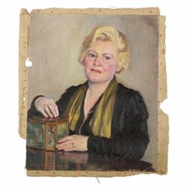 Emily B. Waite Oil on Canvas Portrait of Woman: An oil portrait of a woman on an unstretched canvas by well-listed American artist Emily Burling Waite (Massachusetts/Rhode Island; 1887 – 1980). This half-body portrait features a three-quarter view of a middle-aged woman with short blonde hair, wearing a black jacket and a yellow-green scarf. She rests her arm on a reflective surface and places her hands on a decorative paneled box, as she gazes out to the viewer with a serious expression. This work is signed in pink to the lower left; the canvas is unframed and unstretched.