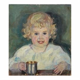 Emily B. Waite Oil Painting on Board Portrait of a Baby: An oil painting on board portrait of a baby by well-listed artist Emily B. Waite (1887 – 1980). Depicted is a blond haired baby smiling widely and holding a metal mug. This piece comes unsigned and is presented unframed.