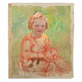 Emily B. Waite Oil Painting on Unstretched Canvas of a Child: An oil painting on unstretched canvas of a child by well-known artist Emily B. Waite (1887 – 1980). Depicted is a child with short blond hair wearing a red tone seated in a green area. This piece is unsigned and comes presented as an unframed, unstretched canvas.