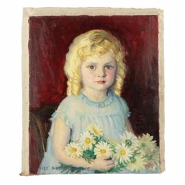 Emily B. Waite Oil Painting on Unstretched Canvas of a Blonde Girl: An oil painting on unstretched canvas by well-known artist Emily B. Waite (1887 – 1980). Depicted is a young girl with blonde ringlet curls and round blue eyes wearing a blue dress and holds a bundle of daisies. This piece is signed in the lower left corner in blue paint. This work is presented as an unframed, unstretched canvas.