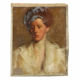 Emily B. Waite Oil Painting on Unstretched Canvas Portrait of a Woman: An oil painting on unstretched canvas portrait of a woman by well-known artist Emily B. Waite (1887 – 1980). Depicted is a young woman with her hair styled in an updo wearing a garment with a deep v-neck. To the lower right corner, a label from the School of the Museum of Fine Arts, in Boston Massachusetts is present with the artist’s signature. This work is presented as an unframed, unstretched canvas.