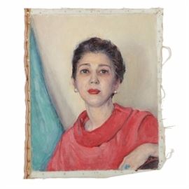 Emily B. Waite Oil Painting on Unstretched Canvas Portrait of a Woman: An oil painting on unstretched canvas portrait of a woman by well-known artist Emily B. Waite (1887 – 1980). Depicted is a middle-aged woman with dark hair wearing red lipstick that matches her garment. She has large pearl earrings and a large square cut aquamarine ring on her left hand. This work is presented as an unframed, unstretched canvas.
