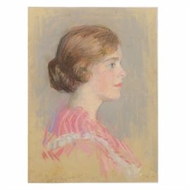 Emily B. Waite Chalk Pastel Portrait on Paper of Woman: A chalk pastel portrait on paper of a woman, created in 1919 by well-listed American artist Emily Burling Waite (Massachusetts/Rhode Island; 1887 – 1980). This work features a profile view of a young woman wearing a pink shirt and her hair pulled back in a low bun. The work is signed and dated in pencil to the lower left. Work is presented unframed and unstretched canvas.