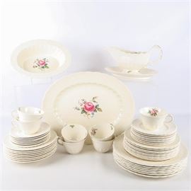 Spode's Jewell "Billingsley Rose" China: A set of Spode’s Jewel Billingsley Rose china. The set features a center rose medallion and includes one platter, seven dinner plates, eight salad plates, eight soup bowls, eight bread plates, eight saucers and seven tea cups, a gravy boat and an oval vegetable bowl. Each piece is marked to the underside Spode’s Jewell Copeland England Reg No 70392 US Patt June 15th 1926 Billingley.