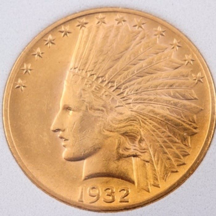 1932 $10 Indian Head Gold Coin: A 1932 $10 Indian Head gold coin. Designed: Augusta Saint-Gaudens. Mintage: 4,463,000. Metal Content: 90% gold 10% copper. Diameter: 26.80 mm. Weight: approximately 16.70 grams. Good condition.