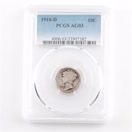 Graded AG03 (By PCGS) Key Date 1916 D Silver Mercury Dime: An encapsulated and graded AG03 (By PCGS) key date 1916 D silver Mercury dime. Designer: Adolph Alexander Weinman. Mintage: 264,000. Metal content: 90% Silver, 10% Copper. Diameter: 17.9 mm. Weight: approximately 2.5 grams. Circulated. Poor condition.