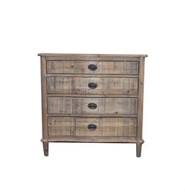 Distressed Wooden Four Drawer Chest: An intentionally distressed wooden four-drawer chest. Features a plank top with a carved front over four full-width drawers with a slightly serpentine façade and black metal ring pulls. The entire structure rests on four round tapered legs.