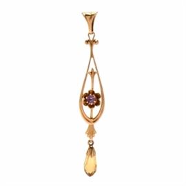 10K Yellow Gold Amethyst and Citrine Briolette Lavalier Pendant: A vintage 10K yellow gold amethyst and citrine briolette lavalier pendant with a buttercup floral motif.