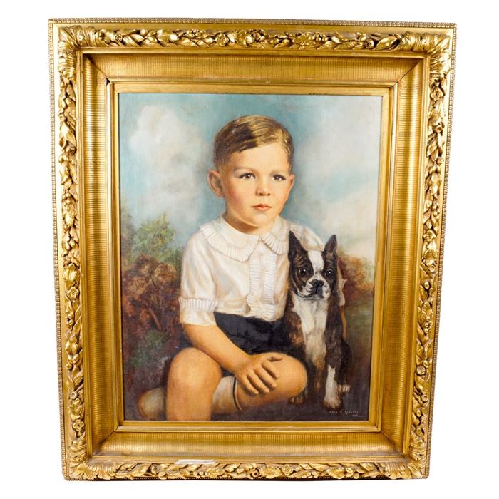 Cora V. Roberts Oil Painting Portrait: A Cora V. Roberts oil painting portrait on academy board. The painting depicts a young boy in short pants with French bulldog. The painting is signed in the bottom right corner “Cora V. Roberts, 1938” and comes displayed in an ornate gold painted wood frame with a wire hanger on its reverse.