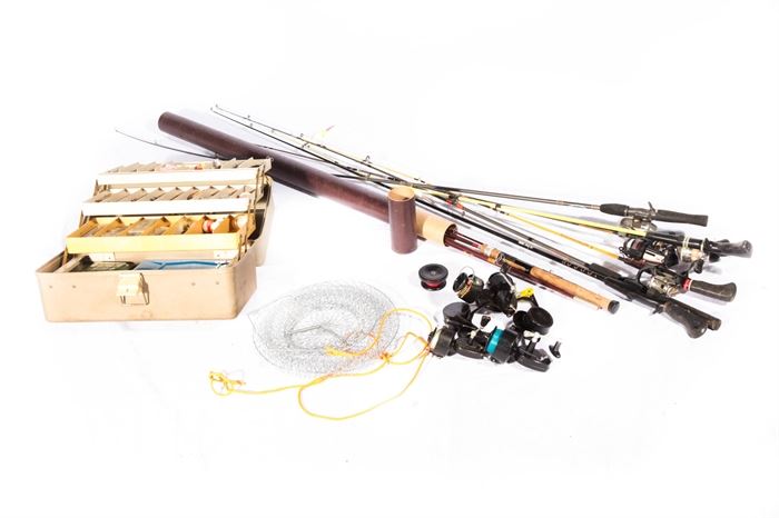 Fishing Equipment: A group of fishing equipment. This group of fishing equipment includes three Mitchell 300 open faced spinning reels and four other reels, five casting rods and one fly rod in tube. Also included is a collapsible fish net and a tackle box with an assortment of lures and other tackle.