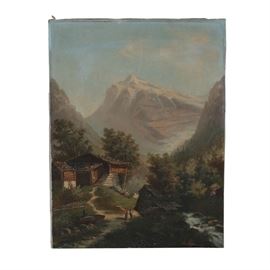 Oil Painting on Canvas of Rural Landscape: A oil painting on canvas of a rural landscape. The piece depicts the silhouettes of two pastoral figures standing between a rustic wooden construction and a rocky watercourse. The scene takes place among lush trees and greneery accompanying a majestic mountain visible to the background. This work is illegibly signed to the lower right corner, possibly reading “H. Raux”. The item remains unframed.