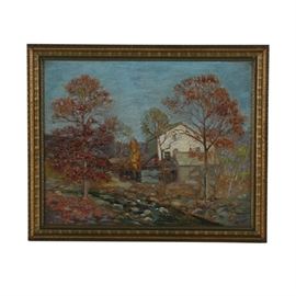 Louise Kamp Oil Painting on Board Landscape: An oil painting on board of a landscape by listed American artist Louise Kamp (1867-1959). The piece depicts an impressionist style scene with a house situated next to a rocky watercourse and sorrounded by autumnal trees This work is faintly signed by the artist to the lower left corner. Presented without glass, housed in a gilt frame with black accents.