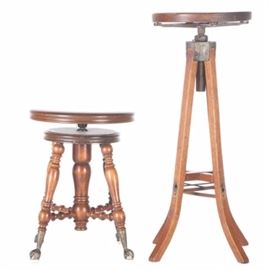 Vintage William and Mary Style Stool and Bar Height Stool: A vintage William and Mary style stool with a bar height stool. This set includes a William and Mary style stool with round top, swivel seat rising on four turned and tapered legs with a central post including turned stretchers. The stool terminates on brass tone claw feet with ball ends. Also includes a bar height chair with round, swivel top rising on four splayed legs. There are no visible maker’s marks.