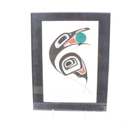 After Danny Dennis Framed Serigraph "Raven Stealing Sun": A framed serigraph titled Raven Stealing Sun after Canadian artist Danny Dennis (b.1951, Port Essington, B.C). It depicts the stylistic eagle symbolism of the native artist culture in vibrant red, teal, and black hues. It is plate signed and titled to the lower margin and set in a black mat. Presents in an acrylic frame.