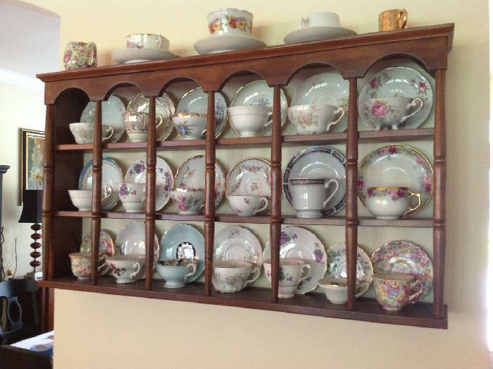 Display Shelf $ 70.00 - Vintage Tea Cup / Saucer Sets $ 8 - $ 12 each.