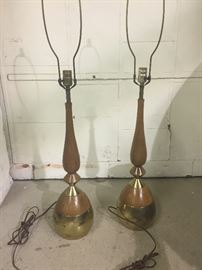 Pair mid-century wood/brass lamps
