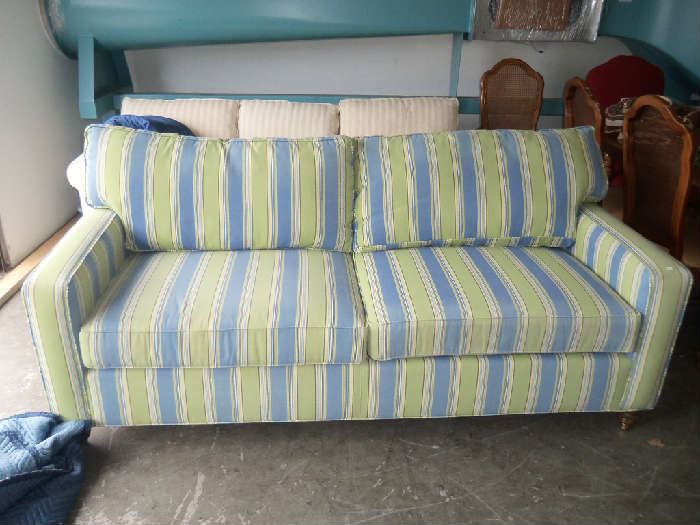 Blue/green striped couch.  Fabric from Calico Corners.  This is a sturdy, well made couch.