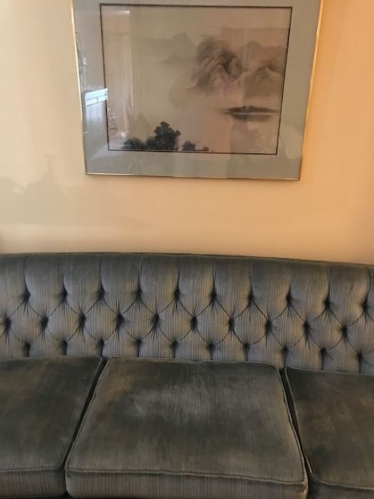 Vintage Sofa with framed oriental artwork.  Artist is David Lee.  Signed with a chop mark, calligraphy and actual signature.