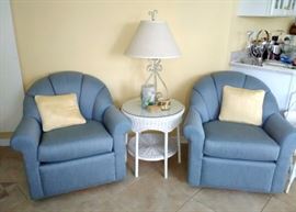 La-z-Boy Swivel Chairs, One of Two Vintage Wicker Tables