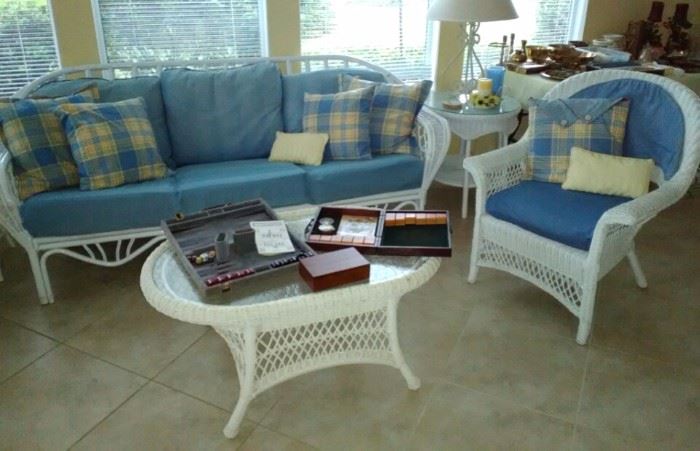 Vintage Wicker Sofa & Chair, All Weather Wicker Coffee Table