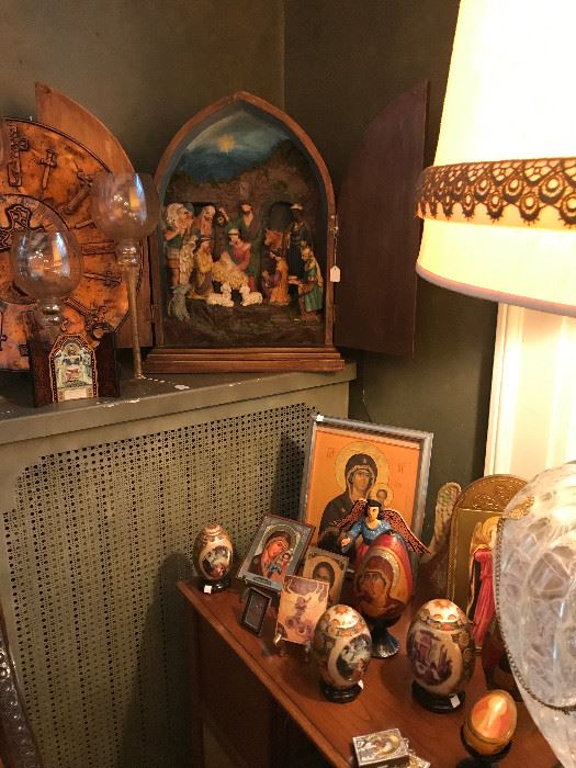 Large crèche, icons, lacquered Russian eggs 