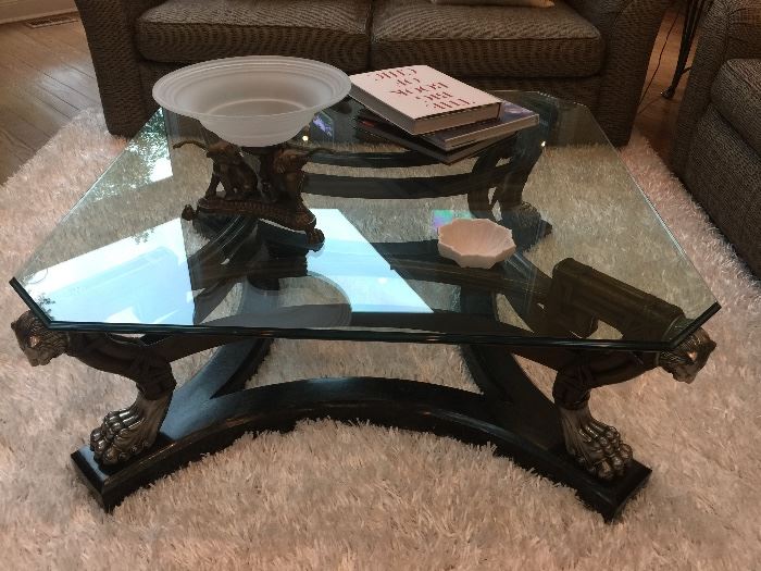 Metal Rattan Stone Base Glass Top Coffee Table w/ Metal Accents (47’’ x 47’’ x 19’’)