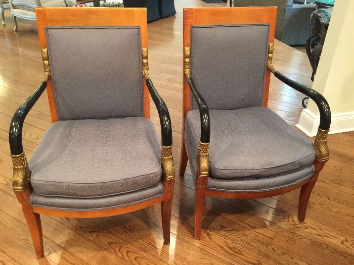 Pair of Italian Neoclassical Armchairs w Gilt & Black Accents (24’’ x 25’’ x 37’’)