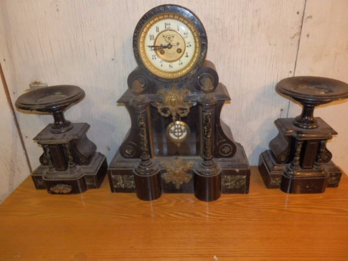 Slate Mantel Clock w/ matching Candle Stands
