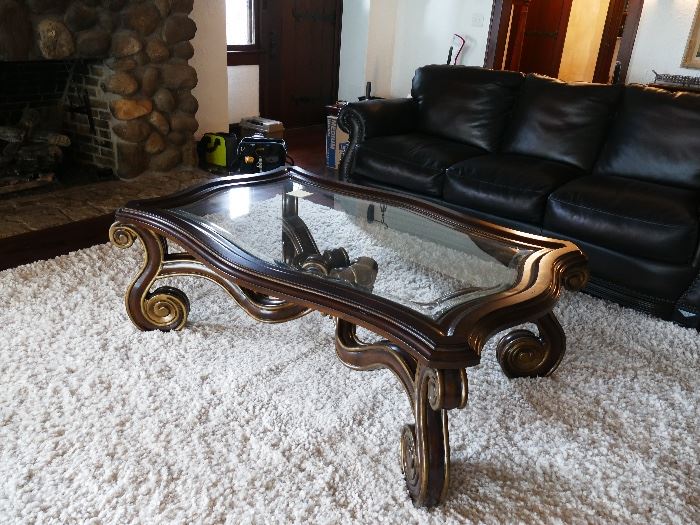 Old World style coffee table. Wood and glass. Excellent condition. heavy 