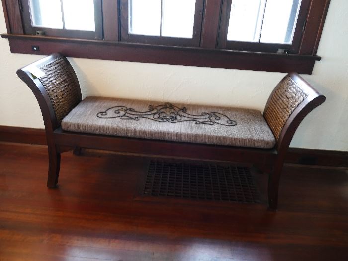 2 person wood bench with cushion