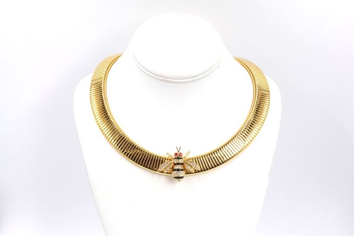 18K Gold Overlay Russian Imperial Slider Necklace with Bee Pendant and Earrings: A 18K gold overlay Russian Imperial slider necklace with a bee pendant and earrings. This necklace has Swarovski crystal elements on the pendant.