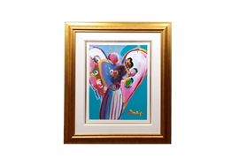 Original "Angel With Heart" by Peter Max: An original Angel With Heart by Peter Max. This a color lithograph with acrylic paint depicting an angel-like form in pink, blue, yellow, red, and green. It is signed in the corner. It has a fabric mat with a gilt frame with a plexiglass cover. A certificate of authenticity from Park West Gallery is included.