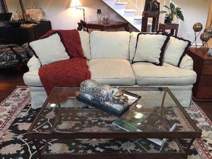 Custom Chenille Sofa & Custom Wrought Iron Glass Top Coffee Table. 