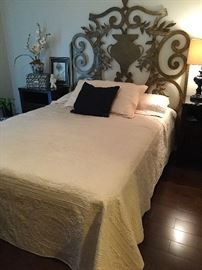 Queen Size Bed and Linens. Custom Designer Iron Queen Size Headboard by Artifacts International..