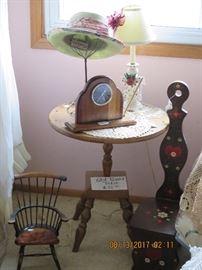 Wooden accent table, chairs, clock, decor