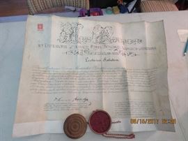 Antique vellum degree with wax seal, from Hungary