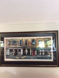 Thomas Pradzynski "caffe Poggi" Limited addition Serigraph  Image size 23.5x 50.75 Custom framed triple matt black fabric and double gold fillet. Stunning