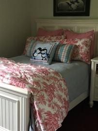 Full size white bed matching bachelors chest and blue chest of drawers as well as red book case   top of bed also available  hand painted rabbit art piece
