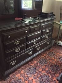 solid cherry wood on wood glide triple dresser newly refinished in warm expresso finish  matching chest of drawers  10x13 Persian rug  rare pattern hand tufted